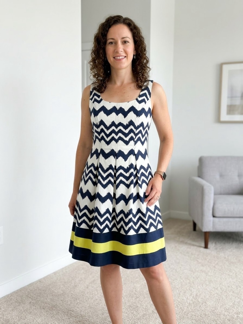 Nine West Size 12P Navy White Chevron Fit & Flare Knee Length Sleeveless Dress